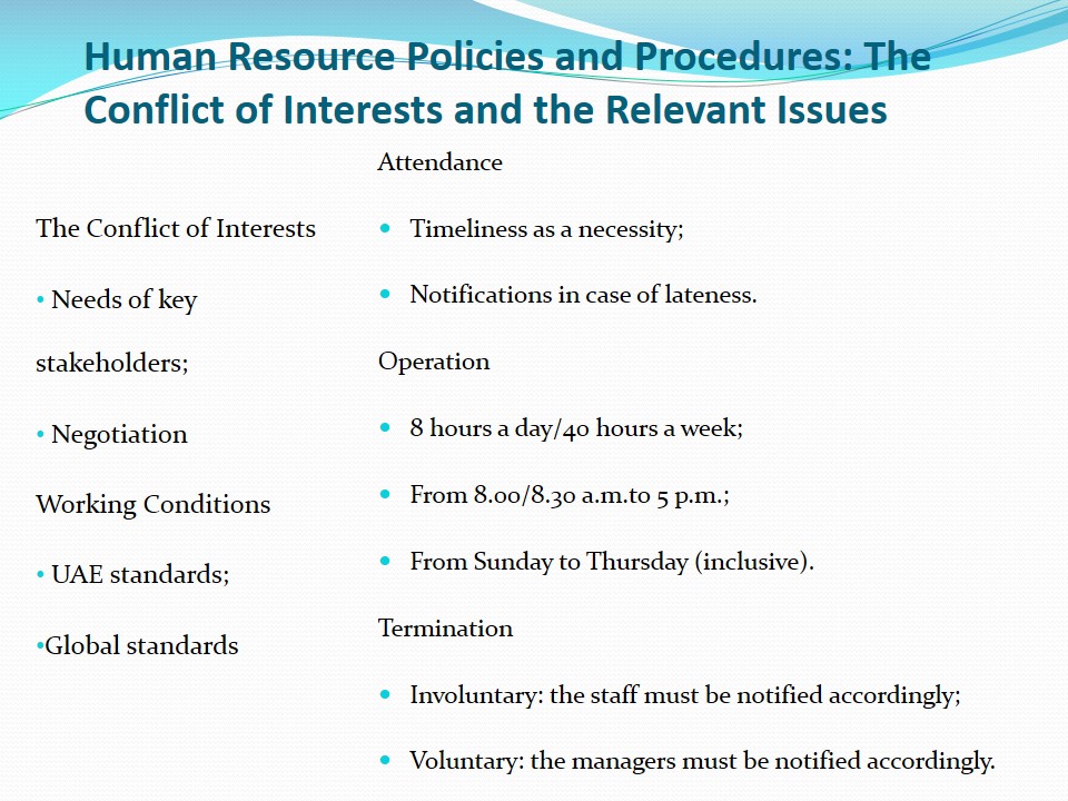 Human Resource Policies and Procedures: The Conflict of Interests and the Relevant Issues