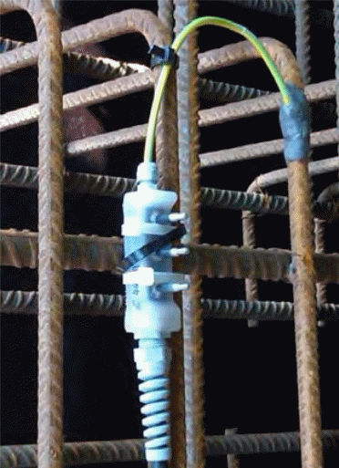 Modified M3 probes all set for casting into a reinforced concrete structure.