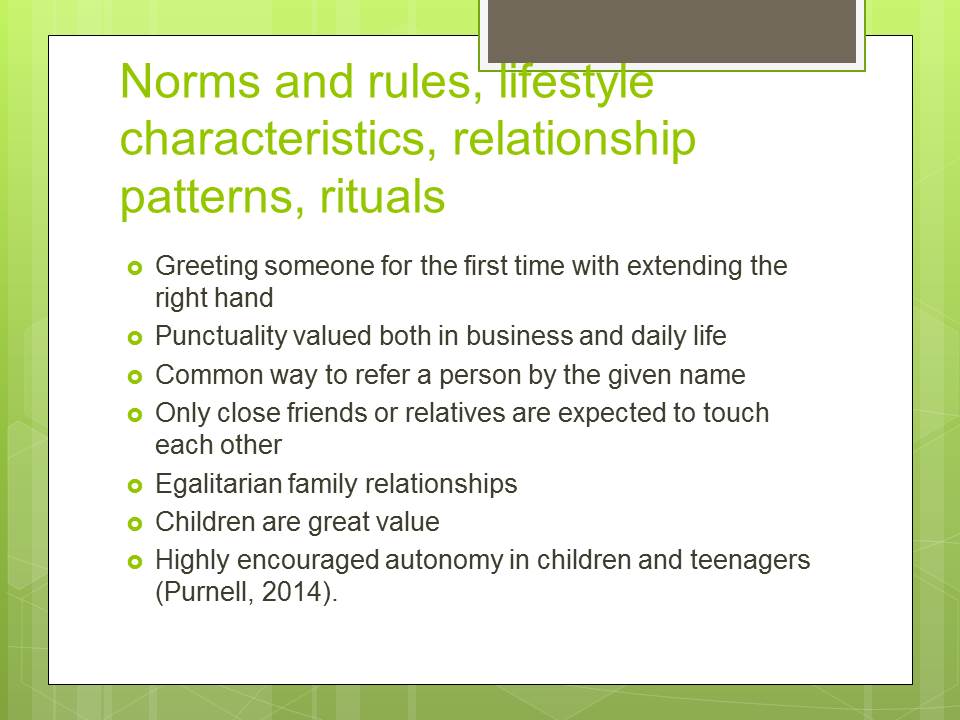 Norms and rules, lifestyle characteristics, relationship patterns, rituals
