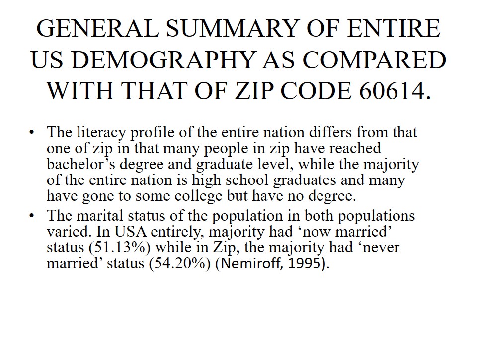 General Summary of Entire Us Demography as Compared With That of Zip Code 60614