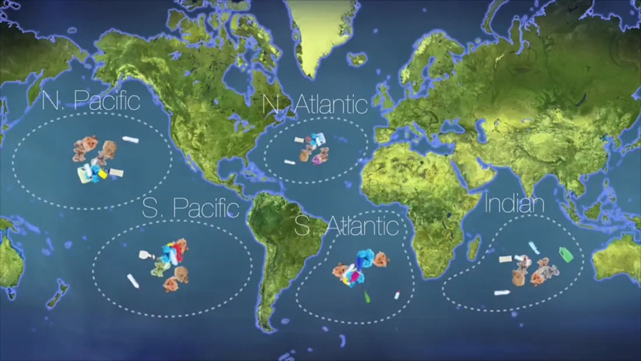 Schematic representation of plastic islands on the world map.
