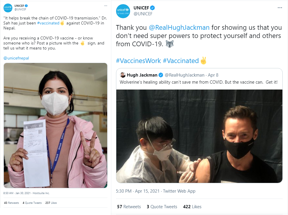 UNICEF’s tweets illustrating the organization’s use of ethos.