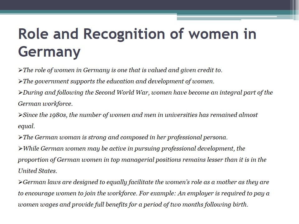 Role and Recognition of women in Germany