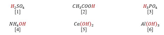 Examples of some acids (1-3) and bases (4-6)