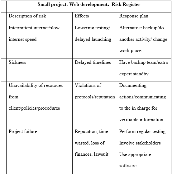 Risk Register for the Small Project