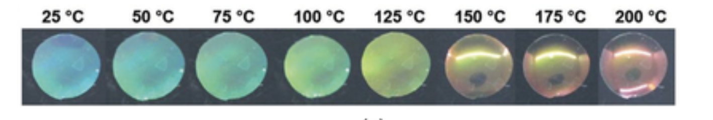 Fragment of a figure showing the color changes of a liquid crystal with increasing temperature