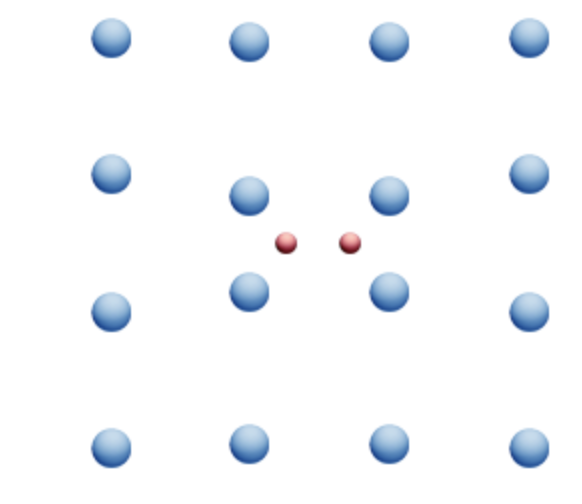 The phenomenon of a Cooper pair of electrons (red balls) forming, distorting the arrangement structure of positively charged charges as they move 