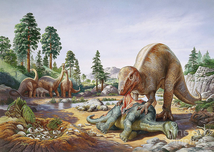 Image of Dinosaurs in the Mesozoic Era landscape