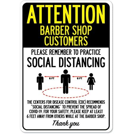 COVID-19 notice sign – attention barbershop customers practice social distancing | peel and stick wall graphic | protect your business, classroom, office & interior surroundings 