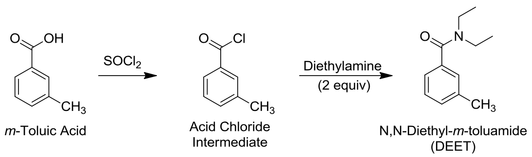 Scheme of DEET production from toluene acid as a raw material