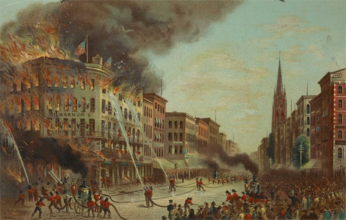 Extinguishing the fires in New York, November 25th, 1864. Giersbach, Military History Online.