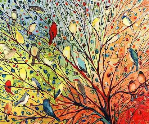 The painting "27 Birds" by Jennifer Lommers