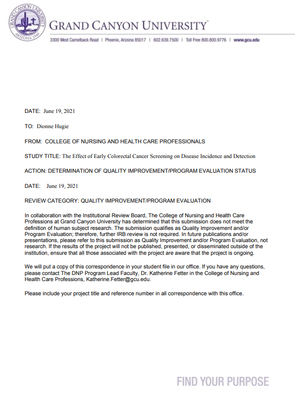  Grand Canyon University Institutional Review Board Outcome Letter