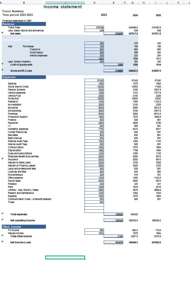 Project Income Statement in GBP
