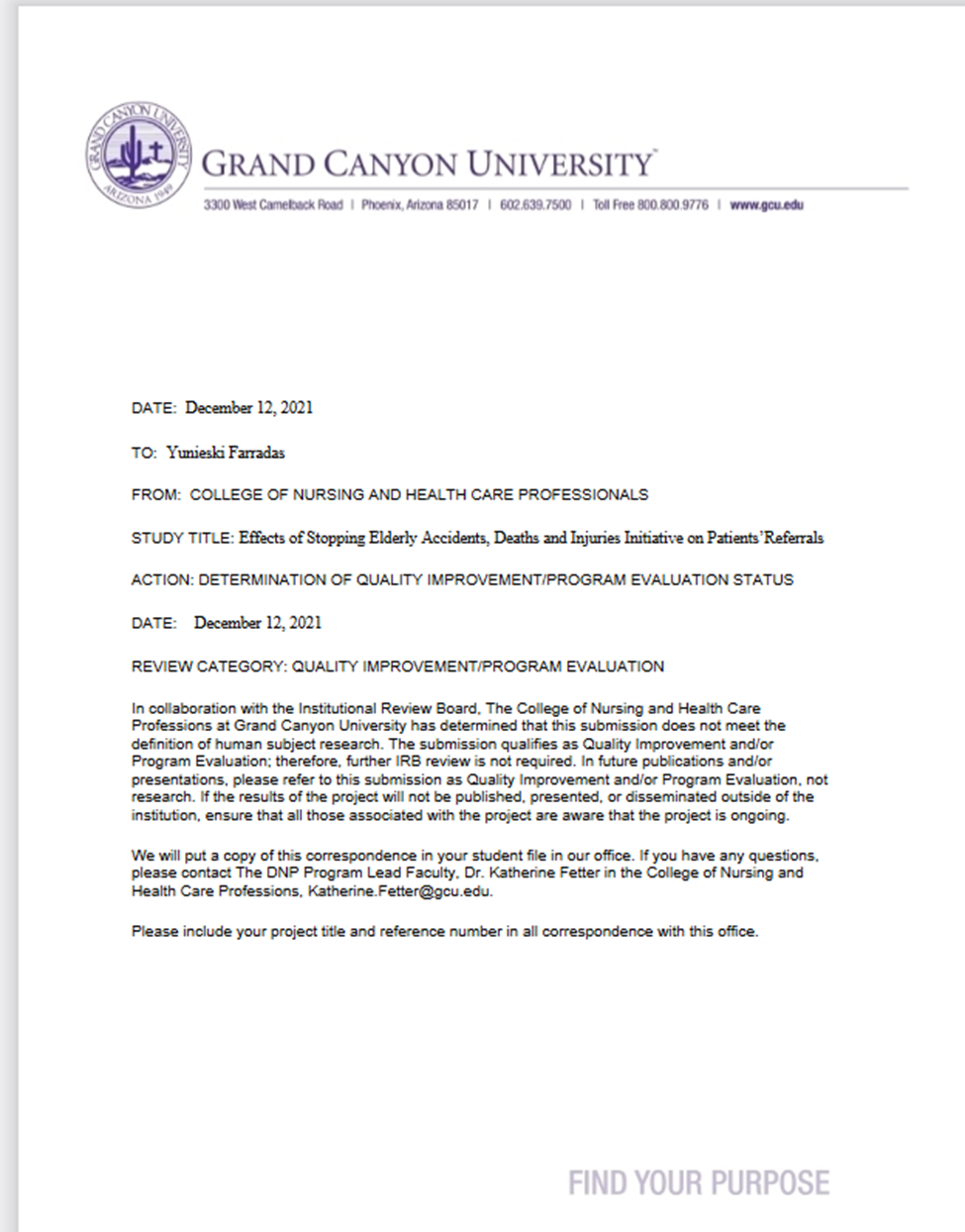 Grand Canyon University Institutional Review Board Outcome Letter