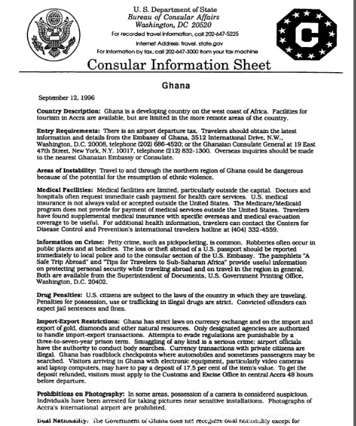 The U.S. Department of State. Consular Information Sheet