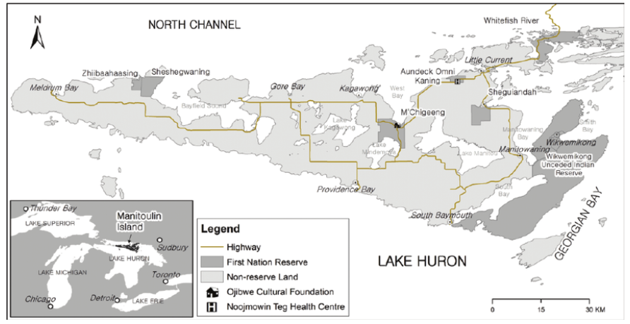Map of Manitoulin Island showing location of the seven First Nations on the Island