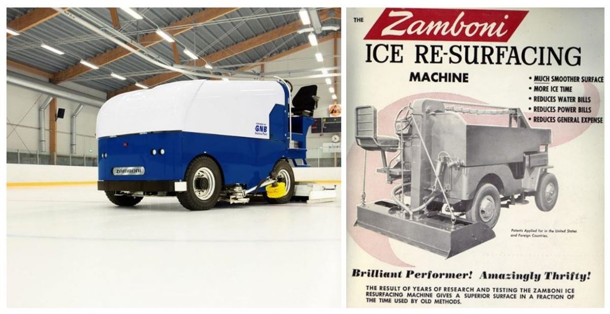 A modern Zamboni electricity-powered ice resurfacer and a 1960s example on the advertising of these times (Vinoski)