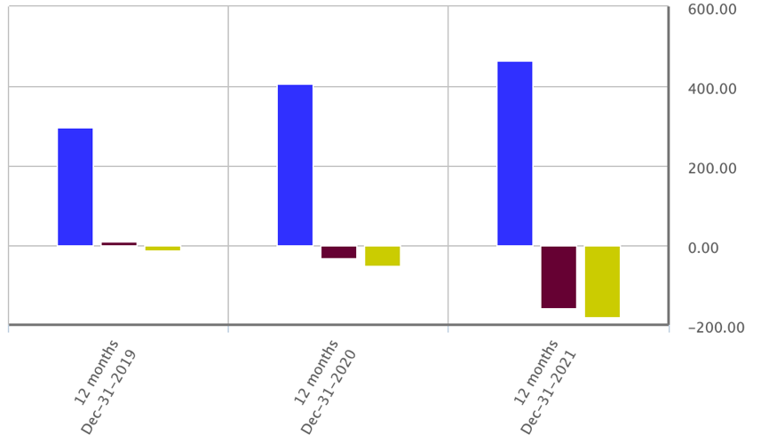 Revenue (blue), net income (maroon) and operating income (yellow) from 2019 to 2021 Beyond Meat