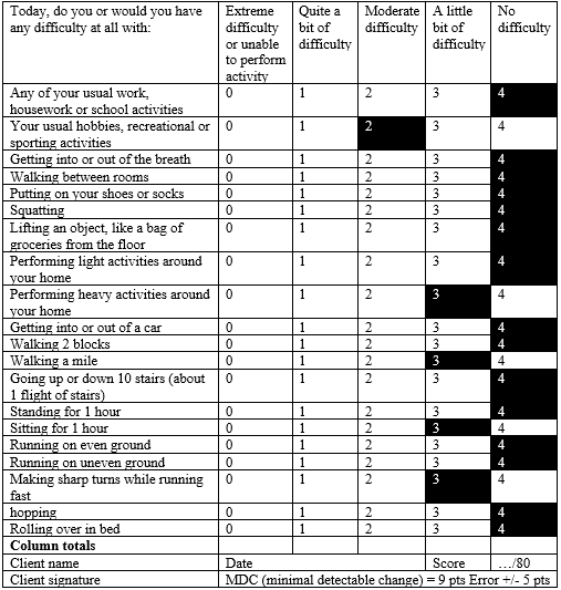 The results from the lower extremity functional assessment.