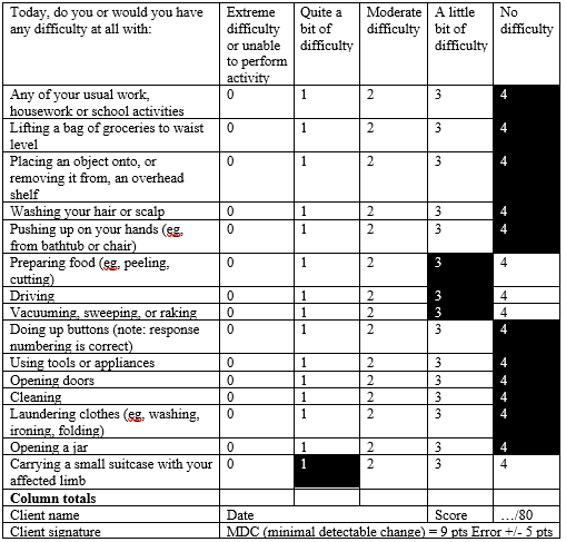 The results from the upper extremity functional assessment.