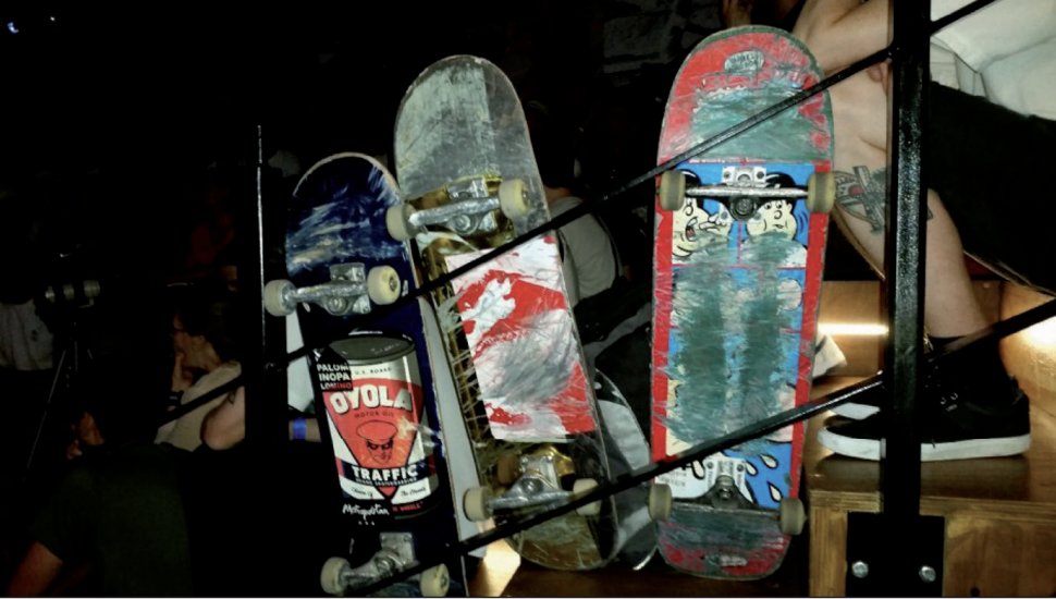 Parked skateboards at the conference site in London.