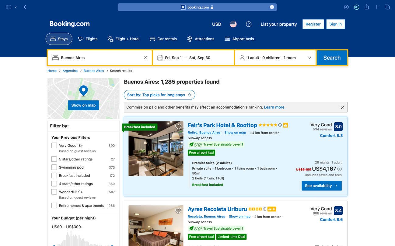 Current interface of Booking.com.