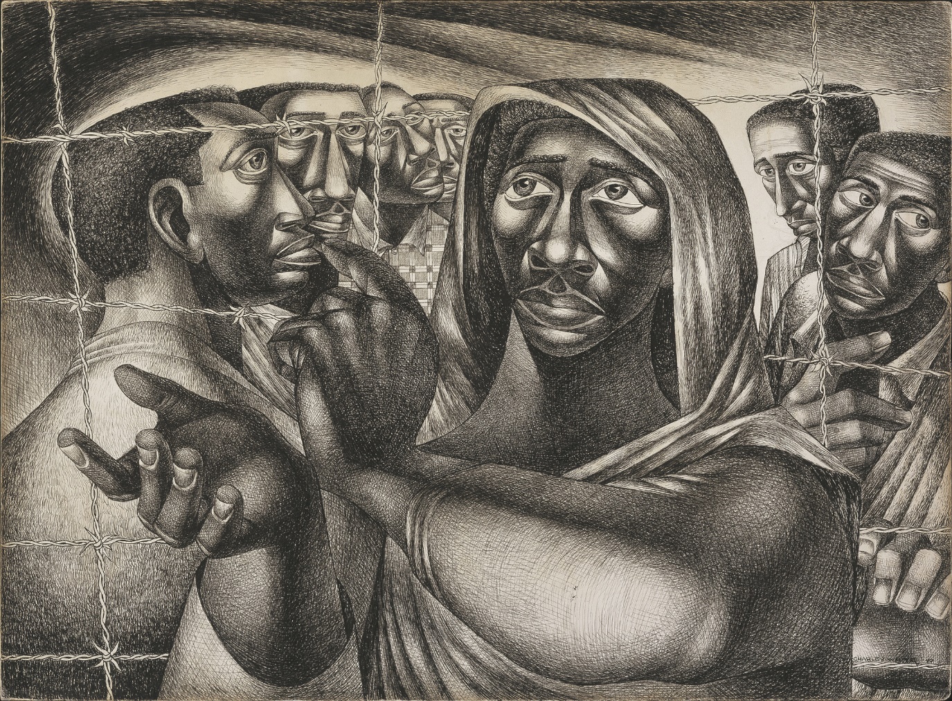 Charles Wilbert White, Trenton Six, 1949. Ink and graphite on paperboard.