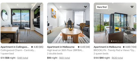 The top three choices when booking accommodation without preferences in Melbourne on Airbnb.