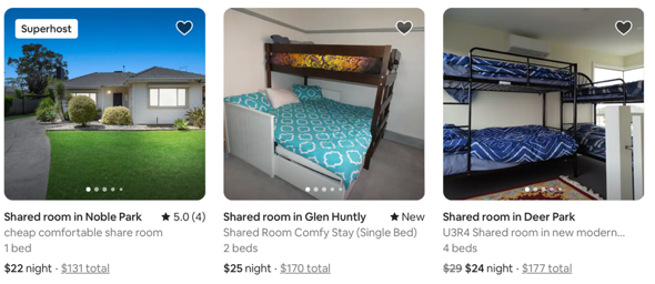 The output of the last three options when booking accommodation with no preference in Melbourne on Airbnb.