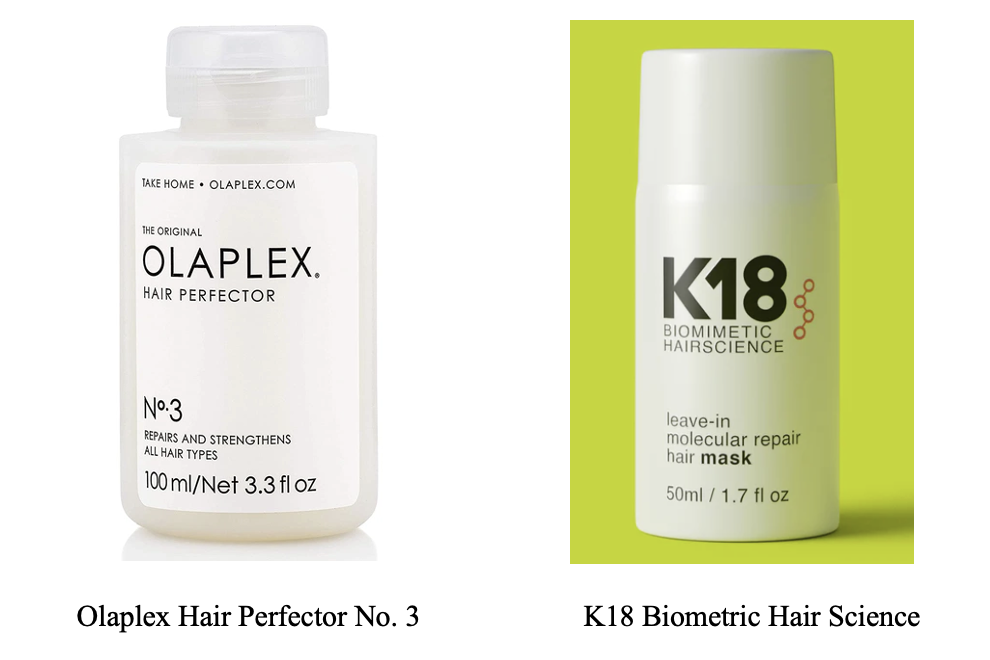 Olaplex Hair Perfector No. 3 and K18 Biometric Hair Science.