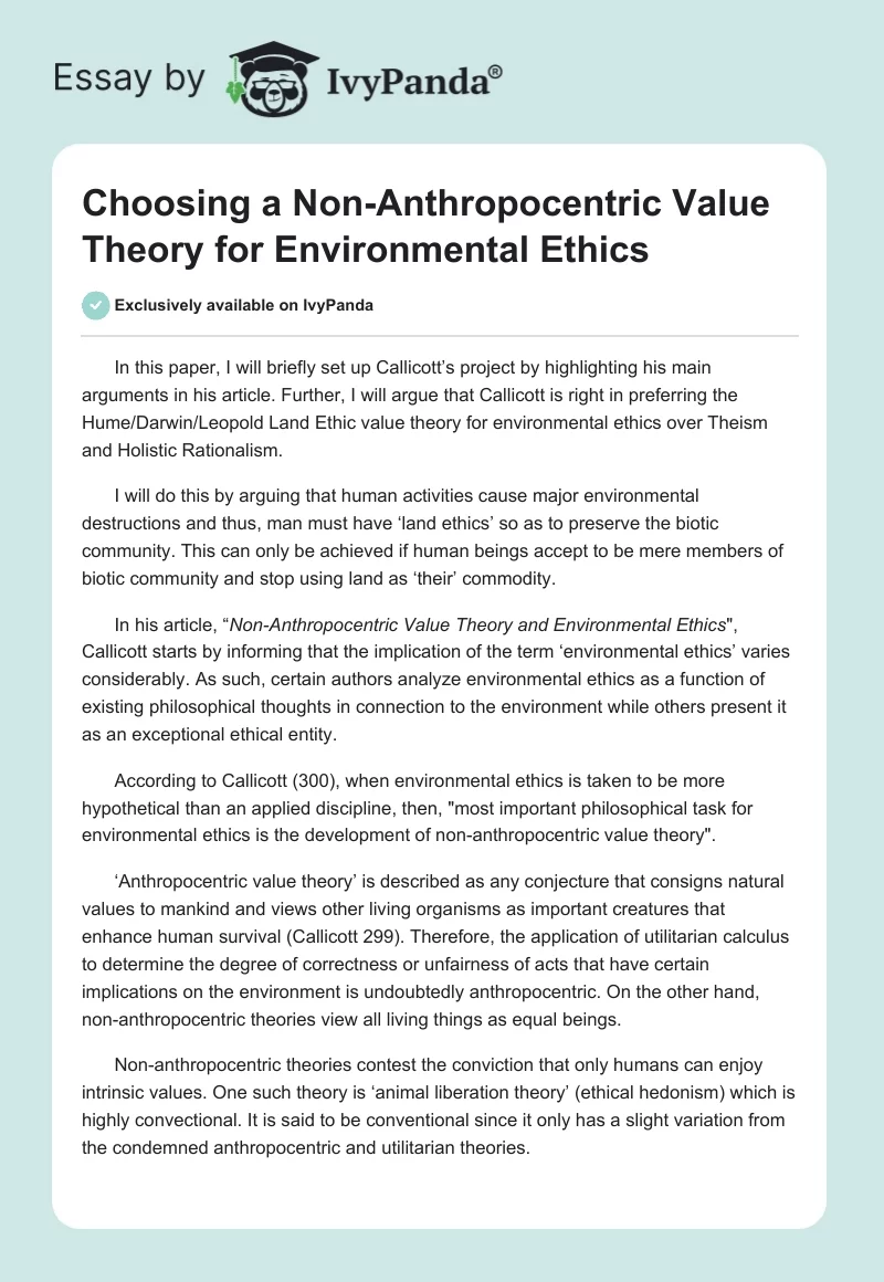 Choosing a Non-Anthropocentric Value Theory for Environmental Ethics. Page 1