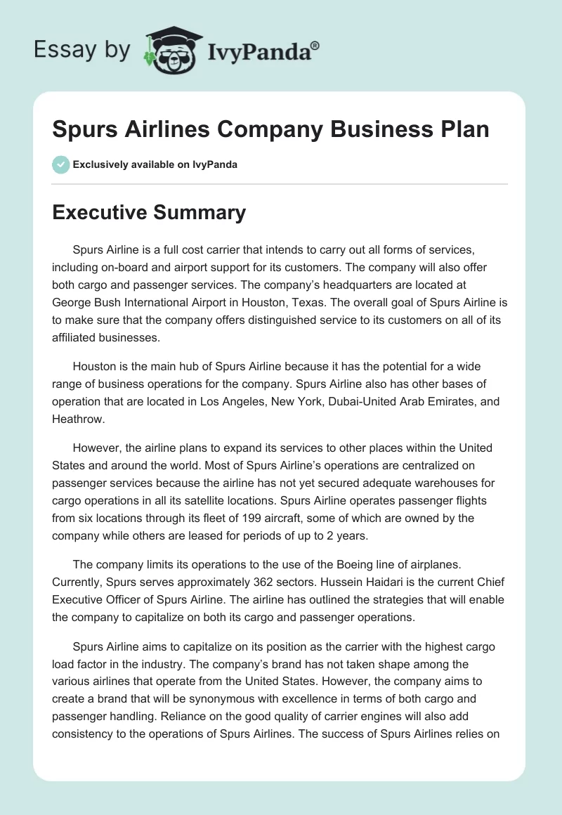 Spurs Airlines Company Business Plan. Page 1
