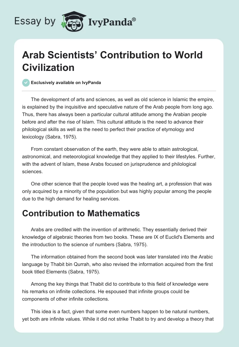 Arab Scientists’ Contribution to World Civilization. Page 1