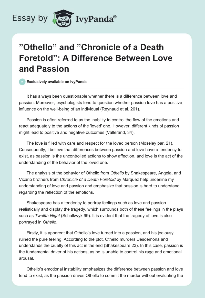 ”Othello” and ”Chronicle of a Death Foretold”: A Difference Between Love and Passion. Page 1