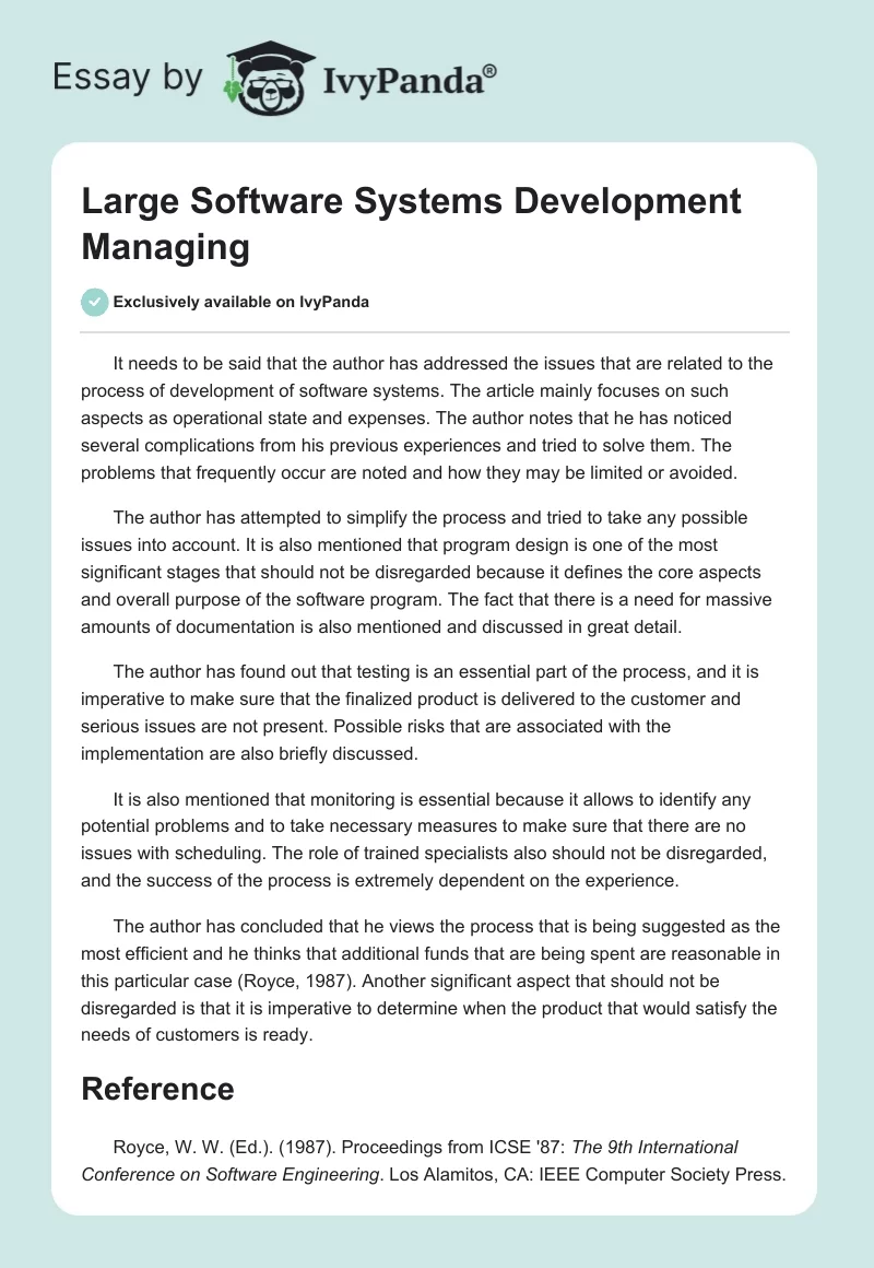 Large Software Systems Development Managing. Page 1