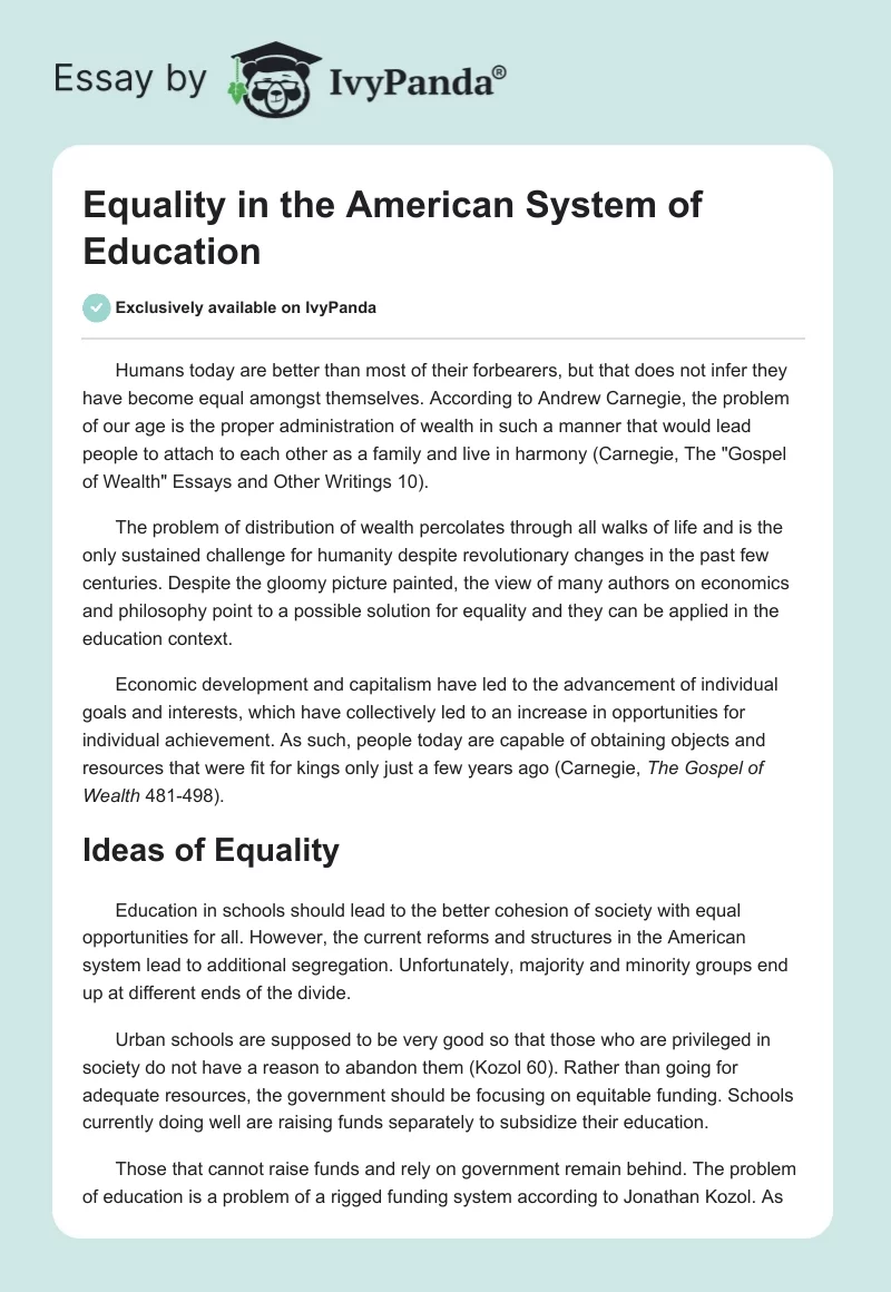 Equality in the American System of Education. Page 1