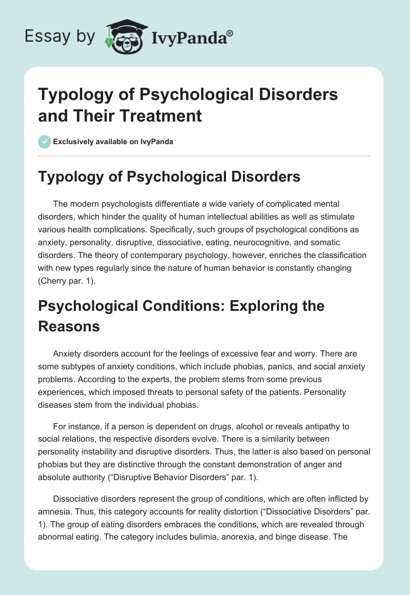 Typology of Psychological Disorders and Their Treatment. Page 1