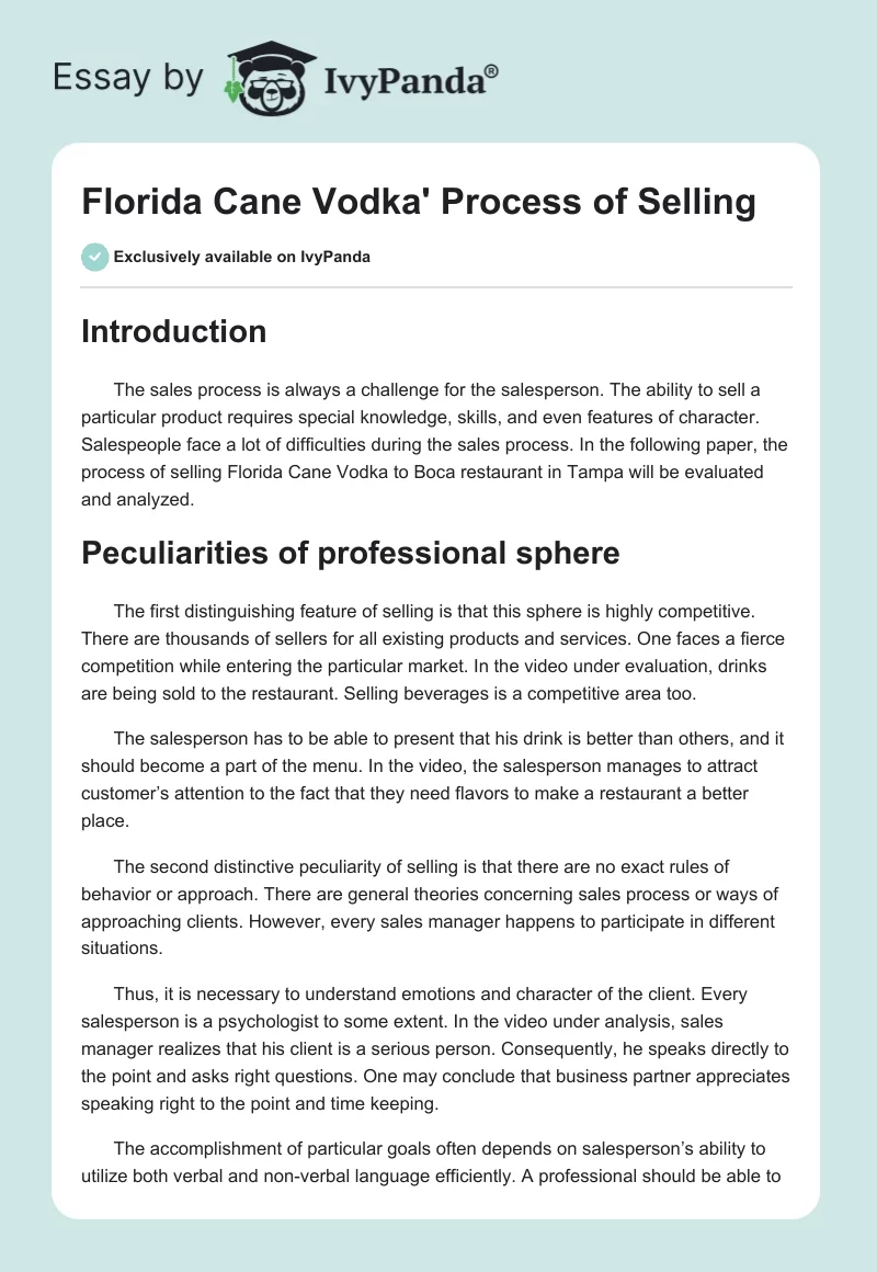 Florida Cane Vodka' Process of Selling. Page 1