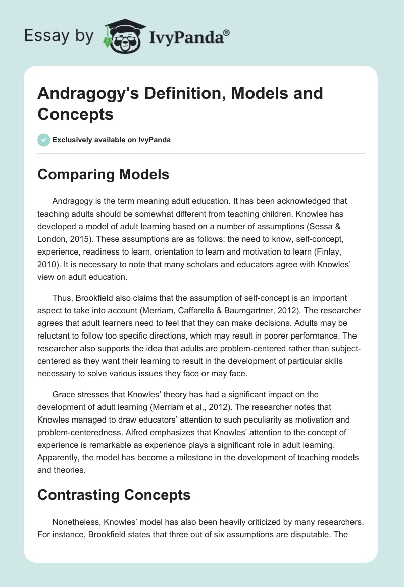 Andragogy's Definition, Models and Concepts. Page 1