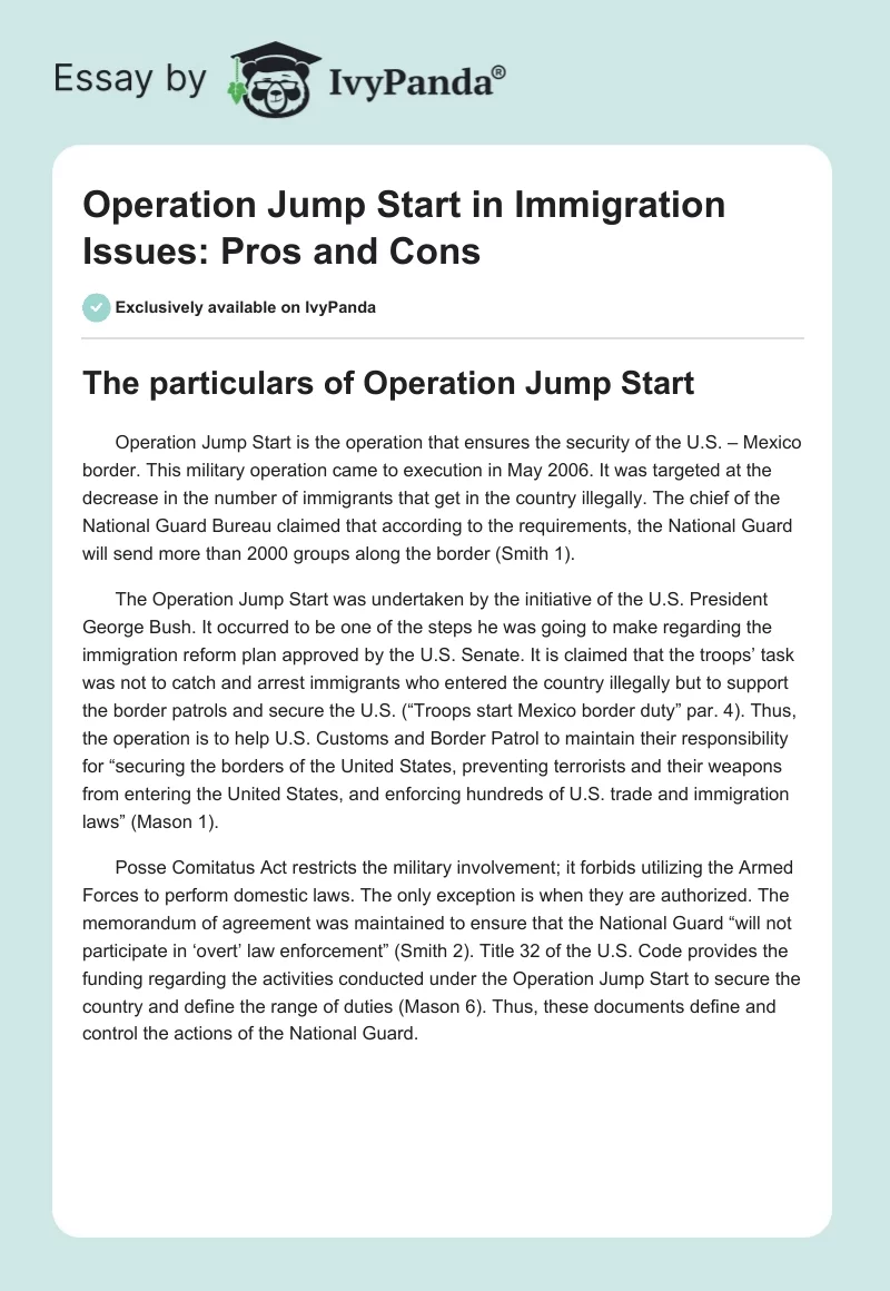 Operation Jump Start in Immigration Issues: Pros and Cons. Page 1