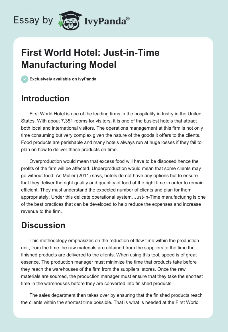First World Hotel: Just-in-Time Manufacturing Model. Page 1
