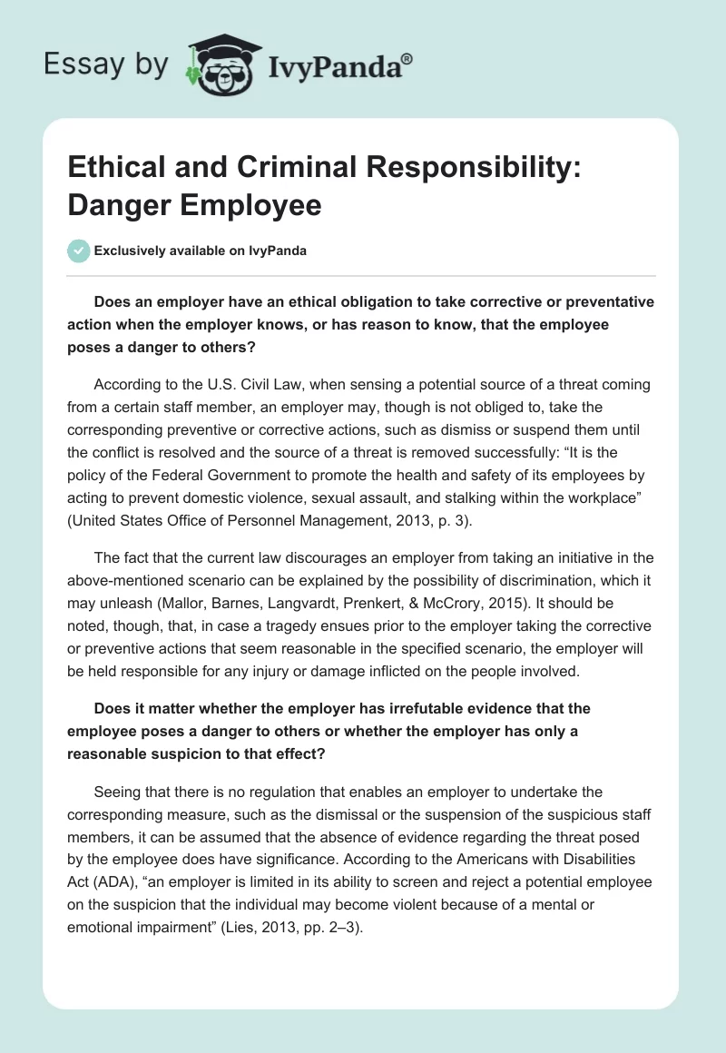 Ethical and Criminal Responsibility: Danger Employee. Page 1