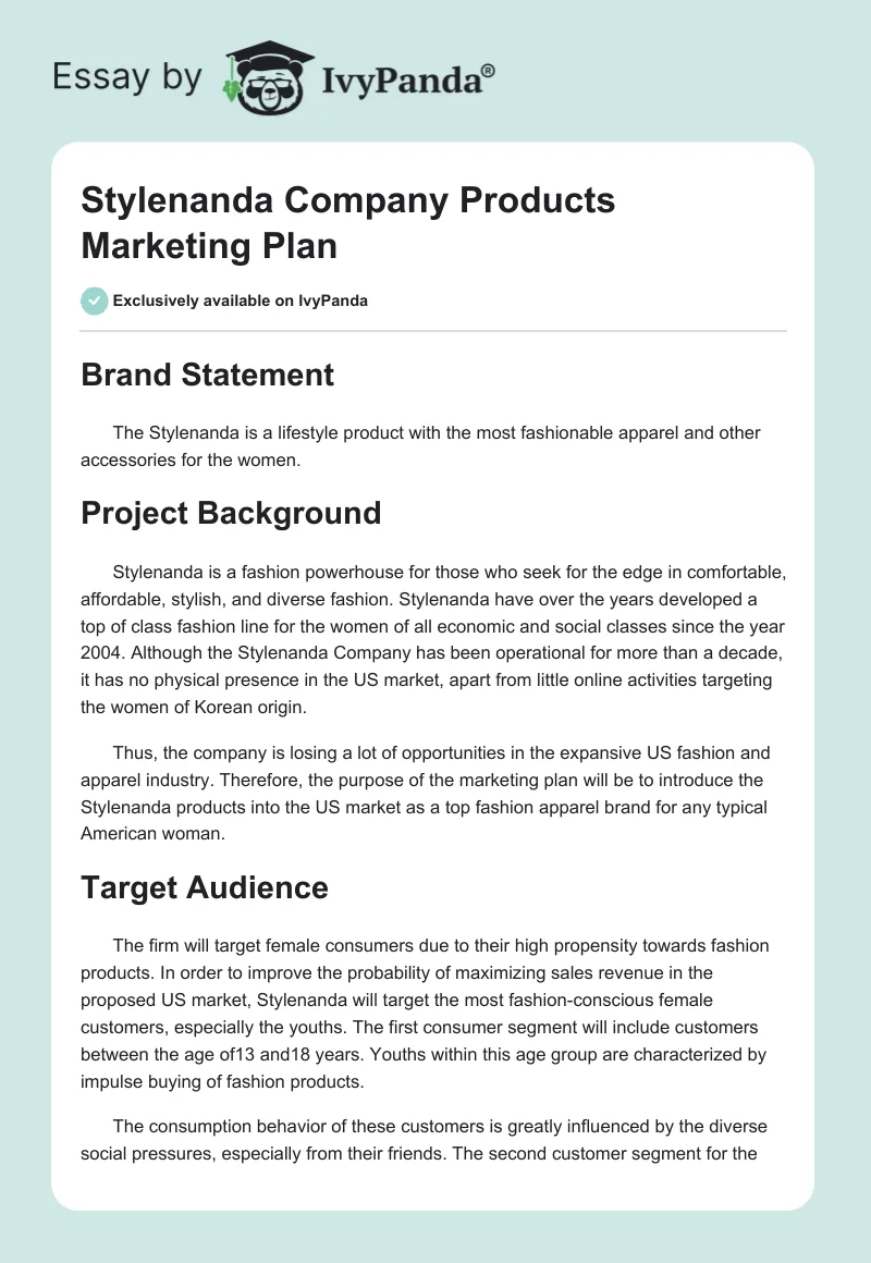 Stylenanda Company Products Marketing Plan. Page 1