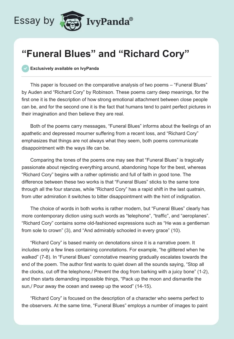 “Funeral Blues” and “Richard Cory”. Page 1