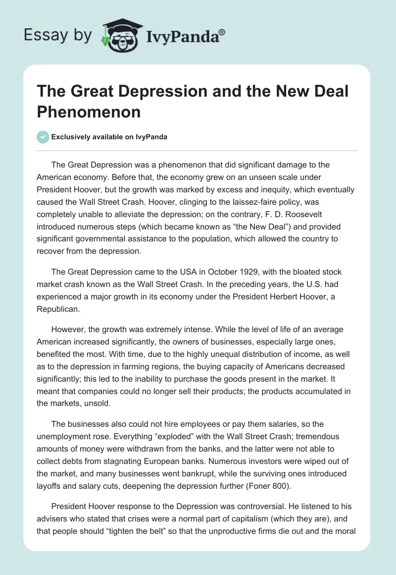 The Great Depression and the New Deal Phenomenon. Page 1