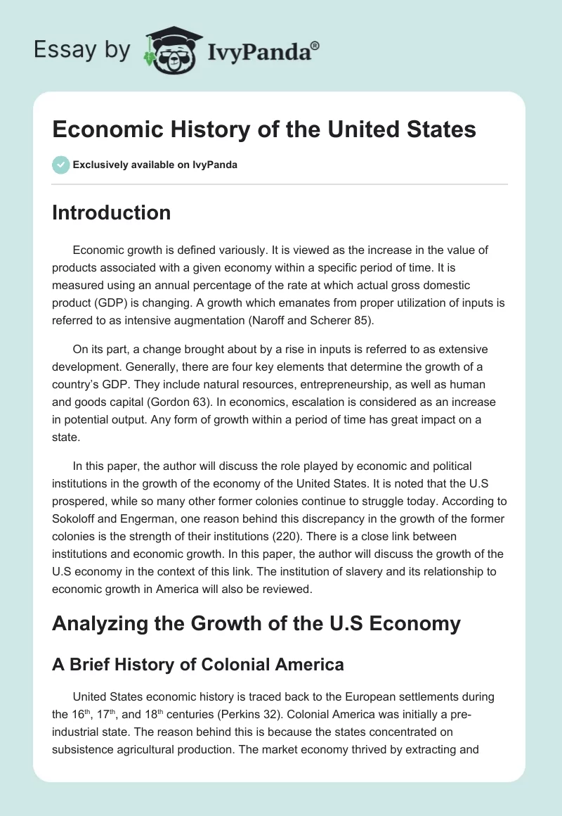 Economic History of the United States. Page 1