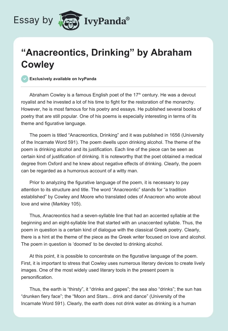 “Anacreontics, Drinking” by Abraham Cowley. Page 1
