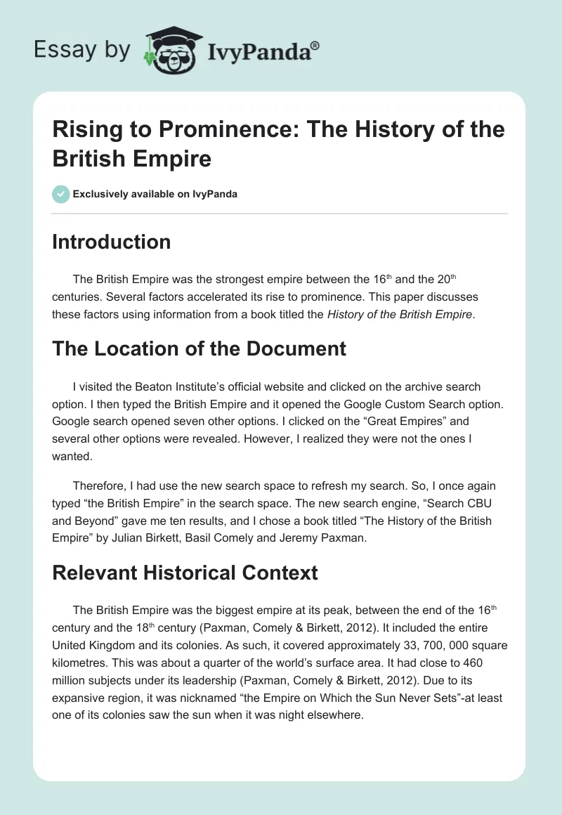 Rising to Prominence: The History of the British Empire. Page 1