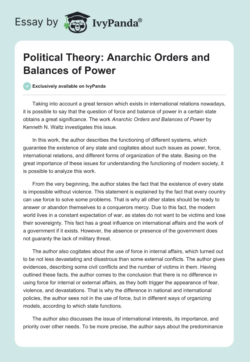 Political Theory: "Anarchic Orders and Balances of Power". Page 1